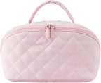 Petition Travel Makeup Bag for Woman,Festivalment Lay Flat Makeup Bag, Wide Open Water-Resistant Cosmetic Case,Puffy Padded Organizer for Toiletries & Brushes Large Capacity with Compartments (pink)