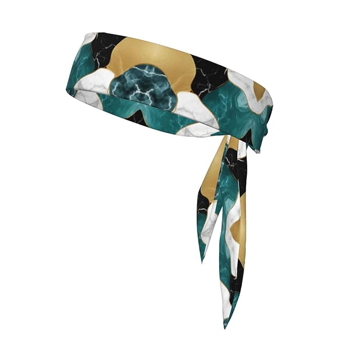 Boys Girls Cool Sports Sweat Band Head Decor for Running Athletic Spa, Long Multipurpose Abstract Watercolor Painting Gold Blue Turquoise Black White Gray Marble Head Ribbon Headdress