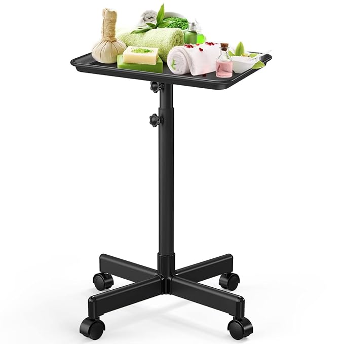 JOSTZHXIN Salon Rolling Tray, Premium Aluminum Tattoo Tray, Salon Rolling Cart Adjustable Height, SPA Service Rolling Trolley Tray for Beauty Hairstylist Dental Clinic,Black