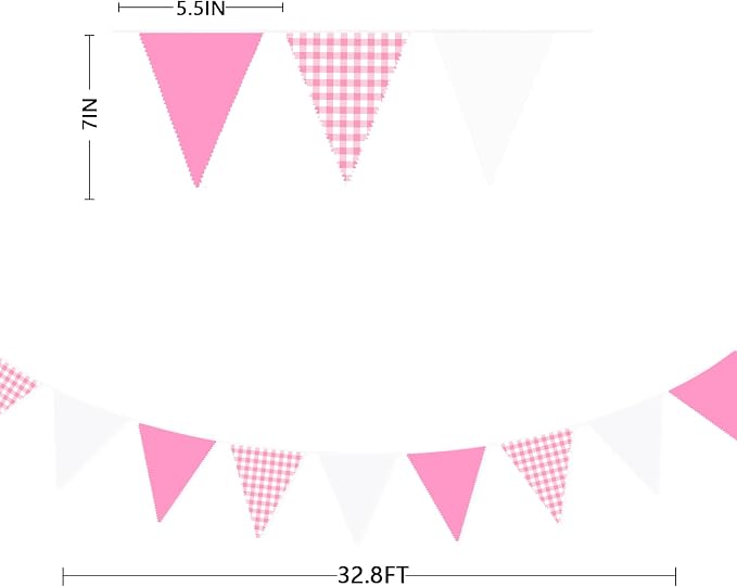 32Ft Hot Pink Plaid Checkered Pennant Banner Fabric Gingham Triangle Flag - Image 6