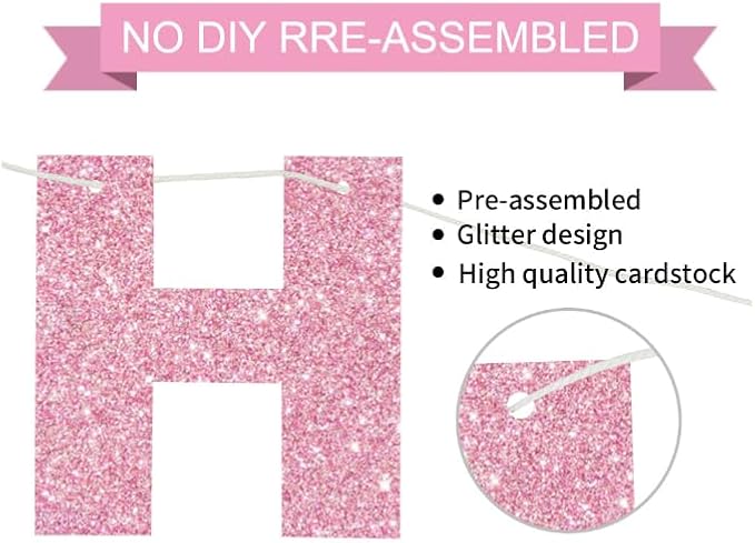 BEISHIDA Pre-Strung Glitter Pink Happy Birthday Banner Party Sign Decor | NO DIY - Image 3