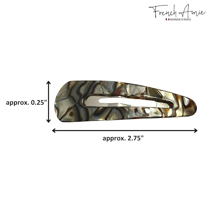 French Amie Clic Clac Large Handmade Celluloid Acetate Set of 2 Snap Hair Clips No Slip Side Slide-in Barrette for Women and Girls (Onyx Silver Grey)
