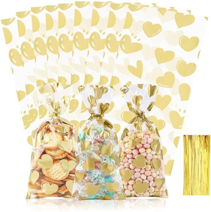 COQOFA 100 Pcs Gold Heart Cello Cellophane Treat Bags by COQOFA