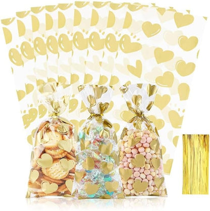 COQOFA 100 Pcs Gold Heart Cello Cellophane Treat Bags by COQOFA
