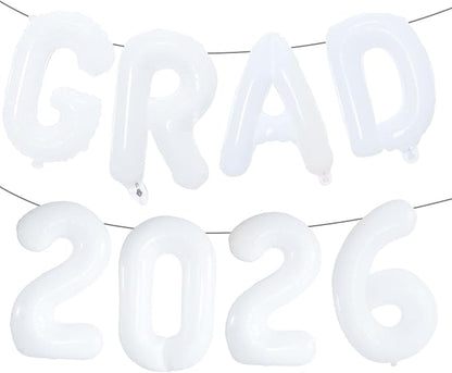 White GRAD 2026 Banner Balloons, 16 Inch Mylar Foil letter Graduation Balloons by KALOR