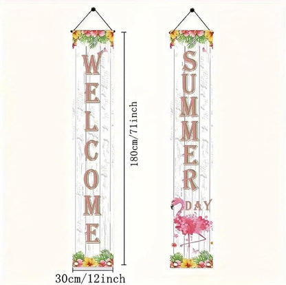 BlissYard 2pcs Welcome Summer Door Banner Hawaiian Flamingo Porch Banners Sign - Image 2