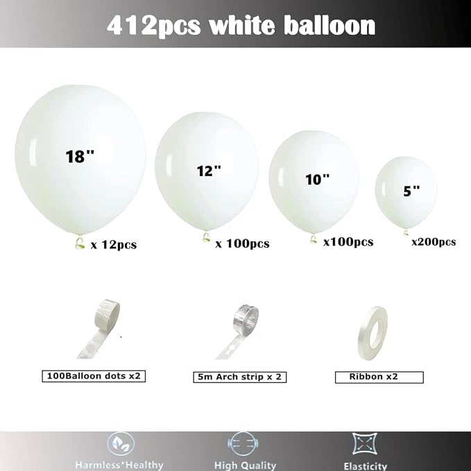 412pcs White Balloons 18 12 10 5 Inch White Balloon Garland Arch Kit Different - Image 2