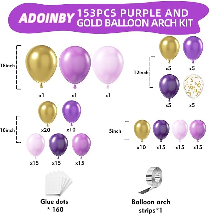 Purple Balloon Arch Kit, ADOINBY 153Pcs Different Sizes inch Lavender Metallic - Image 2
