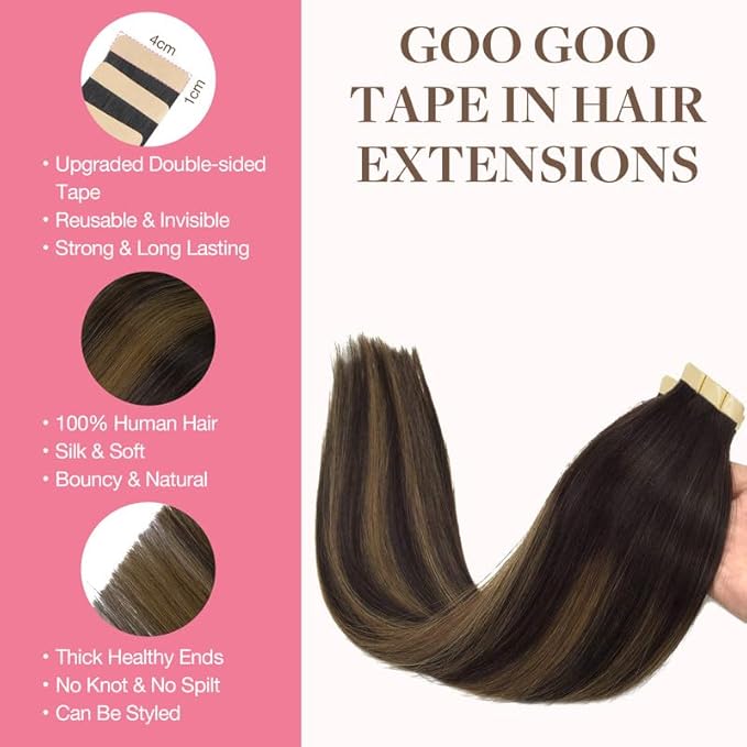 GOO GOO Tape in Hair Extensions Human Hair, 2/6/2 Balayage Dark Brown to Chestnut Brown, 14inch 100g 40pcs, Skin Weft Seamless Invisible, Silky Straight with Thick Ends, Remy Human Hair
