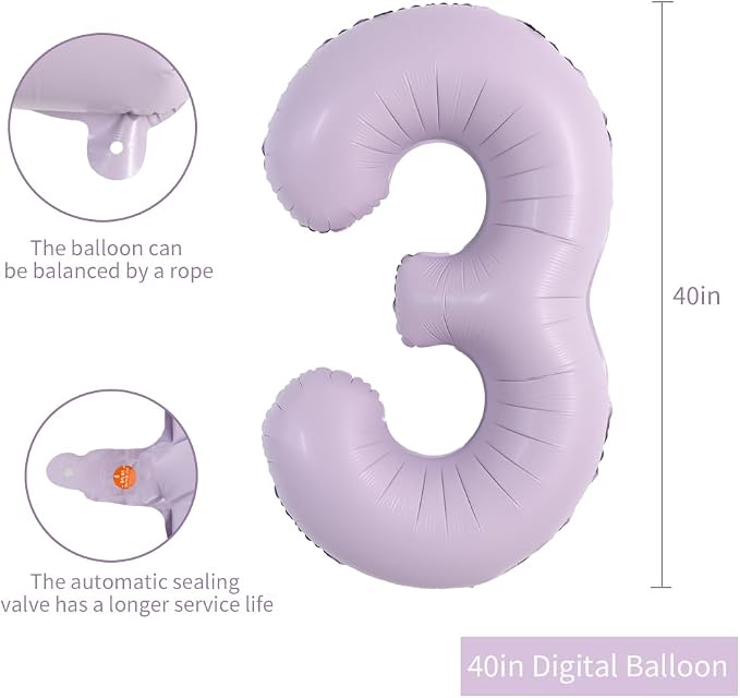 TONIFUL 40 Inch Cream Purple Large Number 3 Balloon - Image 2
