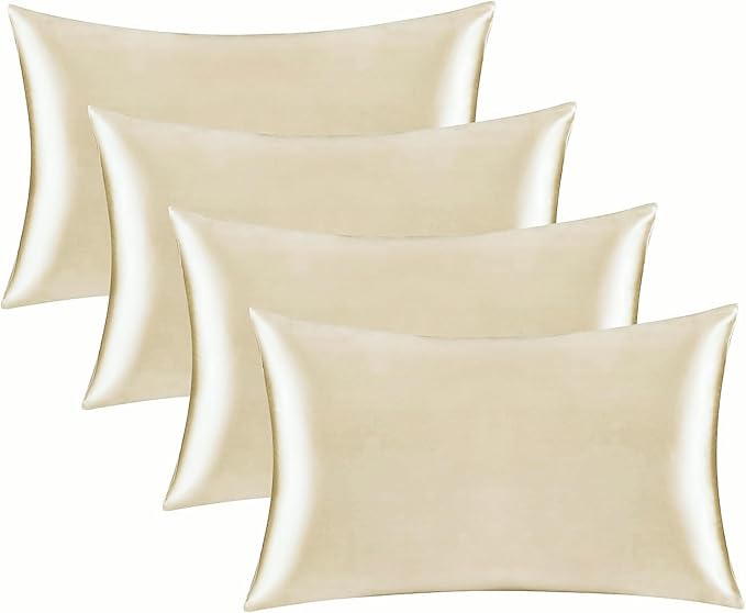 Satin Silk Pillowcase for Hair and Skin, Black Pillow Cases Standard Size Set of 4 Pack Super Soft Pillow Case with Zipper Closure (Beige, Standard(4 Pack))