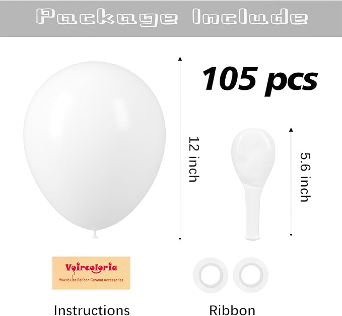 Voircoloria 105pcs White Party Latex Balloons, 12inch | - Image 2