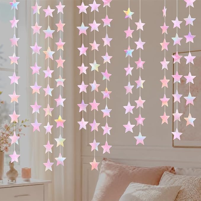 Iridescent Pink Shining Star Hanging Garland Pink Holographic Hanging Sparkling by Eeatour