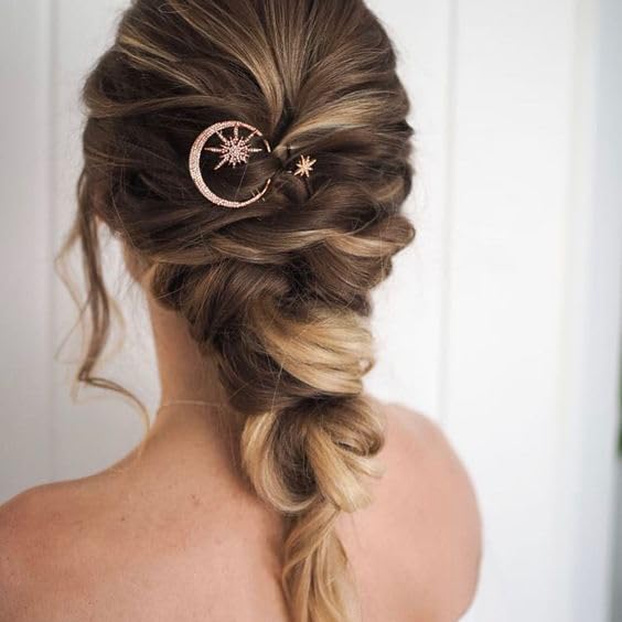 BARTOSI Moon Star Hair Clips Rose Gold Rhinestone Hair Pins Crystal Bobby Pins Bride Wedding Celestial Hair Accessories for Women and Girls (Pack of 3)
