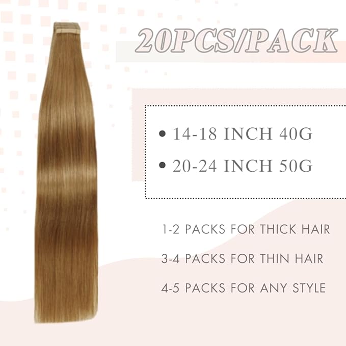 Tape in Hair Extensions Human Hair Honey Blonde Remy Hair Extensions 20pcs 14 Inch Straight Invisible Human Hair Tape in Extensions Skin Weft Tape Extensions Human Hair (27#,14 Inch)