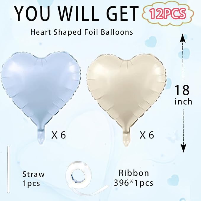 Baby White Heart Balloons，18 Inch Baby Blue Helium Foil Love Heart Shaped - Image 2