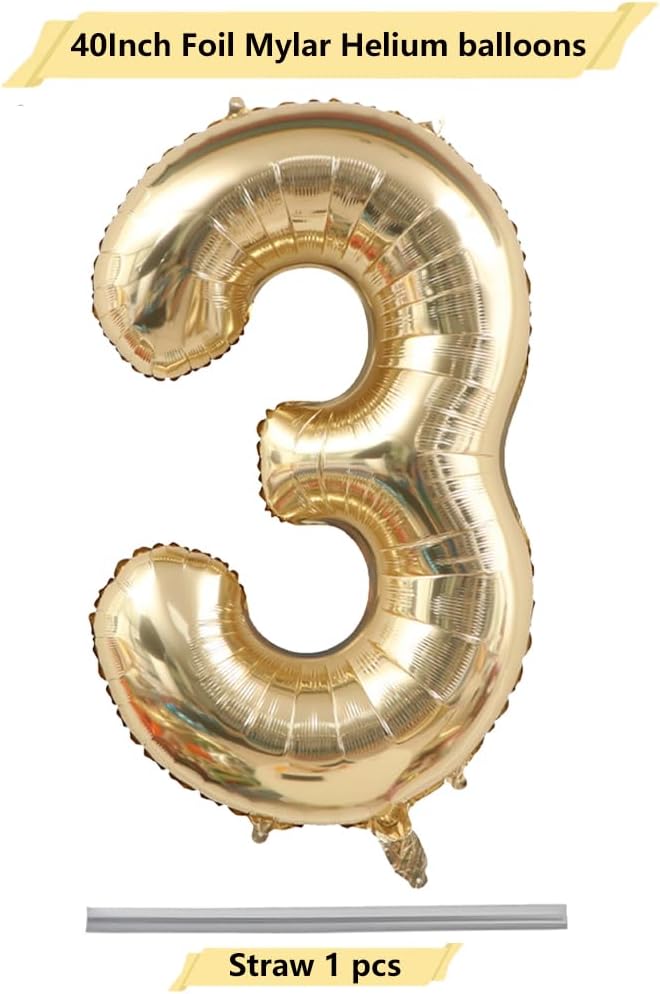 Light Gold Number 3 Foil Balloon 40IN Champagne Gold 3 Mylar Helium Balloon | - Image 2