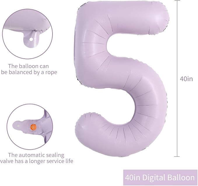 TONIFUL 40 Inch Pastel Purple Number 5 Balloon – Big Lilac Mylar Foil Number - Image 2
