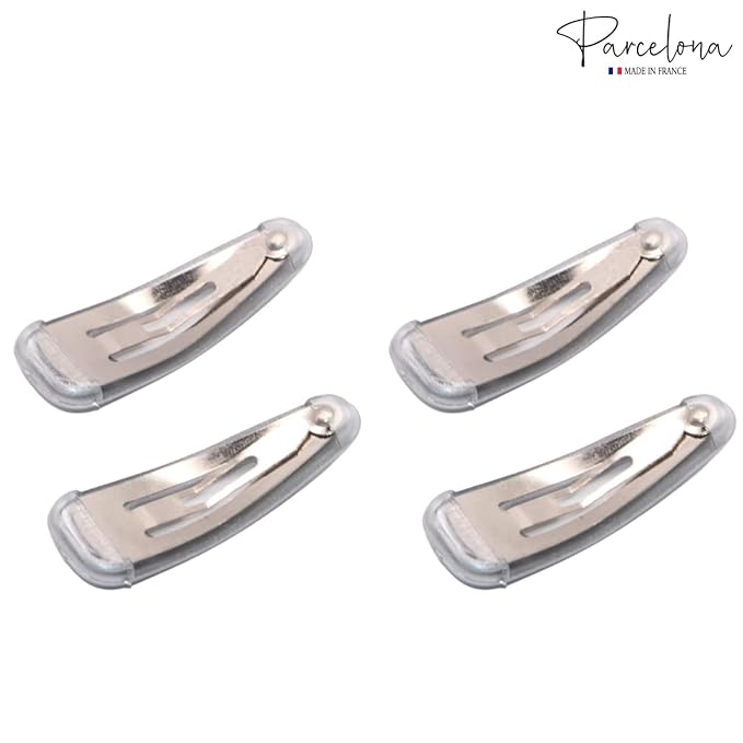 Parcelona French Mini Set of 4 Small Celluloid Acetate Snap Hair Clips No Slip Fashion Durable Styling Women Hair Accessories Girls Snap Hair Barrette, Made in France (Silver)