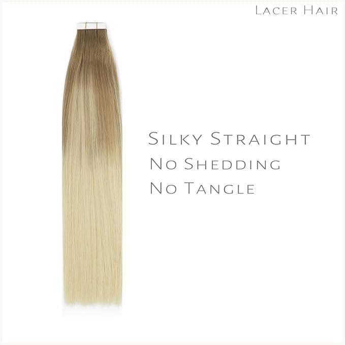 Lacer Hair Remy Tape in Human Hair Extensions Balayage #8/60 Light Brown to Platinum blonde Seamless PU Skin Weft Tape in Real Hair Extensions Double Side 50g 20pcs/set 14 inch