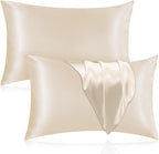 Silk Pillowcase for Hair and Skin, 2 Pack 100% Mulberry Silk Pillowcase 25 Momme, 600 Thread Count, Both Side Pure Silk Pillow Cover with Hidden Zipper (Beige, Queen 20''×30'')