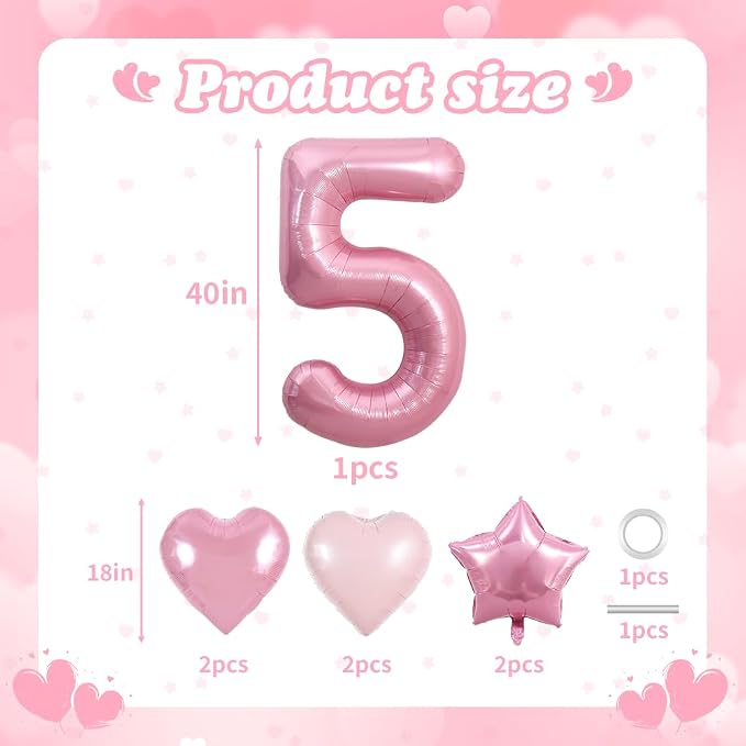 TONIFUL 5th Birthday Balloons Kit 40 Inch Pink Large Number 5 Foil Balloon | - Image 2