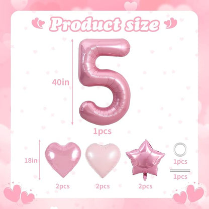 TONIFUL 5th Birthday Balloons Kit 40 Inch Pink Large Number 5 Foil Balloon | - Image 2