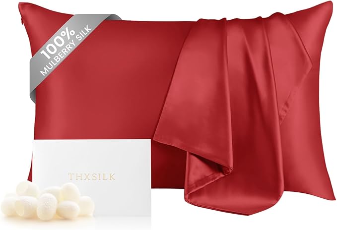 THXSILK 100% Pure Mulberry Silk Pillowcase for Hair and Skin, Grade 6A+ Mulberry Silk, Durable, Soft and Breathable Silk Pillow Case with Zipper(King Size 20"x36", Red)