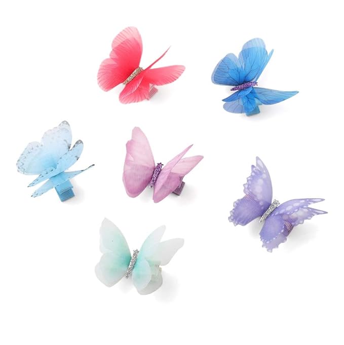 6Pcs/pack 3D Colorful Organza Butterfly Hair Clips - Chiffon Fairy Wings - Ribbon Wrapped Clips 0.4Inch Barrettes Hair Accessories For Women(Multicolor2)