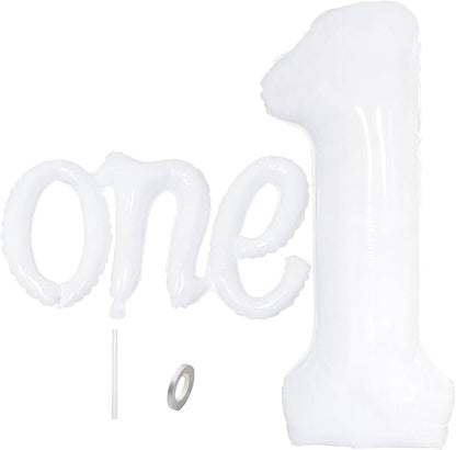 2Pcs Matte White Foil 40" Number 1 and 26" Script Letter One Balloon Set | by WEILINZHOU