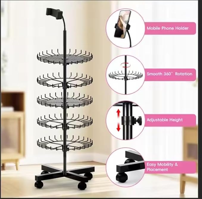 Braiding Hair Rack Standing with 140 Pegs, Height Adjustable Hair Extension Holder with Wheels, Braiding Rack Stand for Hair with Phone Holder for Displaying & Separating Hair (Black)
