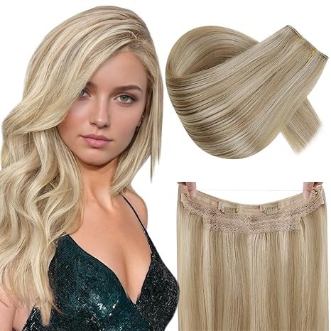 RUNATURE Wire Human Hair Extensions, Secret Wire Hair Extensions, Real Human Hairpieces with Transparent Wire, 14 Inch 70g #16P22 Dark Ash Blonde Highlight Light Blonde