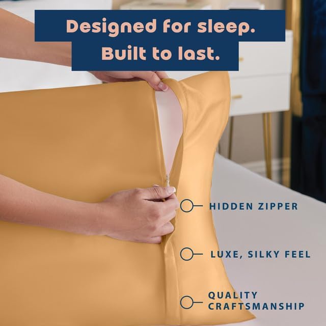 BLISSFORD Satin Pillowcase with Zipper, for Hair and Skin Care, Feels Soft and Cool Like a Silk Pillowcase, Gold Satin Pillow Cases 2 Pack, Slik Pillow Cover, King Size - Set of 2