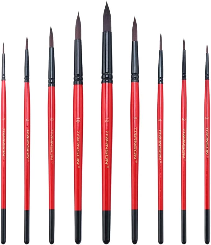 Transon Round Paint Brush Set 9pcs Synthetic Sable Hair for Acrylic Painting Watercolor Painting Gouache Ink Craft and Detail Painting