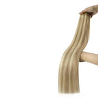 YoungSee Human Hair Sew in Extensions Blonde Highlight Hair Extensions Sew in Dark Ash Blonde Highlighted Light Blonde Weft Hair Extensions Human Hair Highlight Remy Hair 22Inch 100G