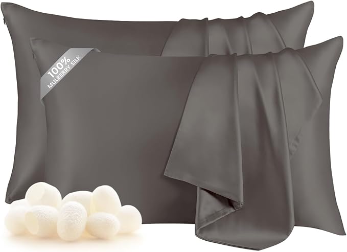 THXSILK Set of 2 Mulberry Silk Pillow Cases, 100% Mulberry Silk Pillowcase for Hair and Skin, 19 Momme Hypoallergenic Pillow Cover with Hidden Zipper (Dark Gray, Standard 20"x26")