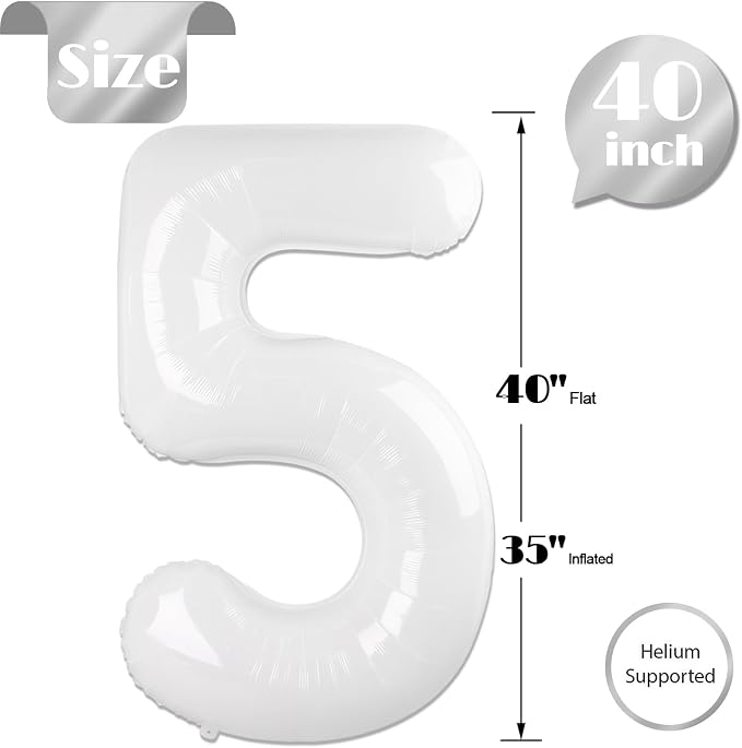 White Number 5 Balloon 40 Inch, 5th Birthday Party Decorations Men Women | Foil - Image 5