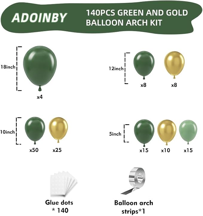Green and Gold Balloon Arch Kit, Dark Emerald Green Hunter Forest Sage Green - Image 2