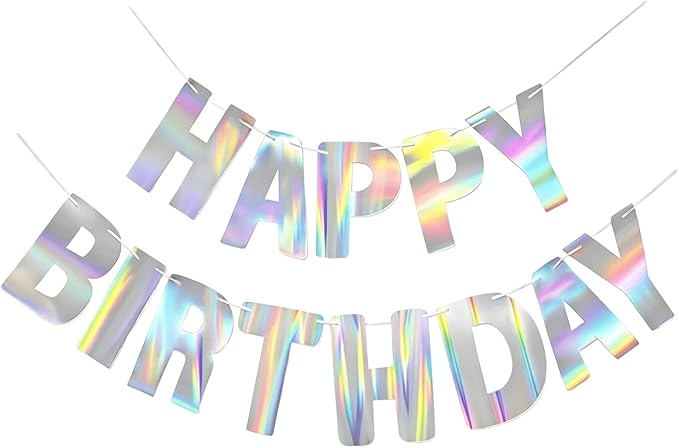 Happy Birthday Banner, Pre-Strung Holographic Iridescent Birthday Sign Decor by HOLLOSPORT
