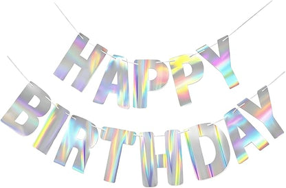 Happy Birthday Banner, Pre-Strung Holographic Iridescent Birthday Sign Decor by HOLLOSPORT