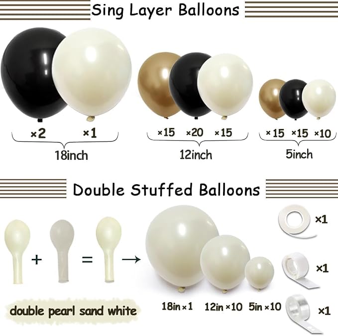 Black White Gold Balloon Garland Double Stuffed, Pearl Sand Champagne Gold - Image 3
