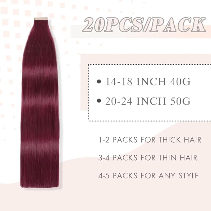 Tape in Hair Extensions Human Hair 20pcs Remy Hair Extensions 18 Inch Burgundy Straight Invisible Human Hair Tape in Extensions Skin Weft Tape Extensions Human Hair (99J#,18 Inch)