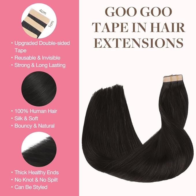 GOO GOO Tape in Hair Extensions Human Hair, 1B Natural black, 20inch 100g 40pcs, Skin Weft Seamless Invisible, Silky Straight with Thick Ends, Remy Human Hair