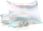 2 Pack Satin Pillowcase with Hidden Zipper, Adjustable Satin Eye Mask for Sleeping and Satin Volume Scrunchie for Hair and Skin, Standard Size(Aurora,Classic Style)