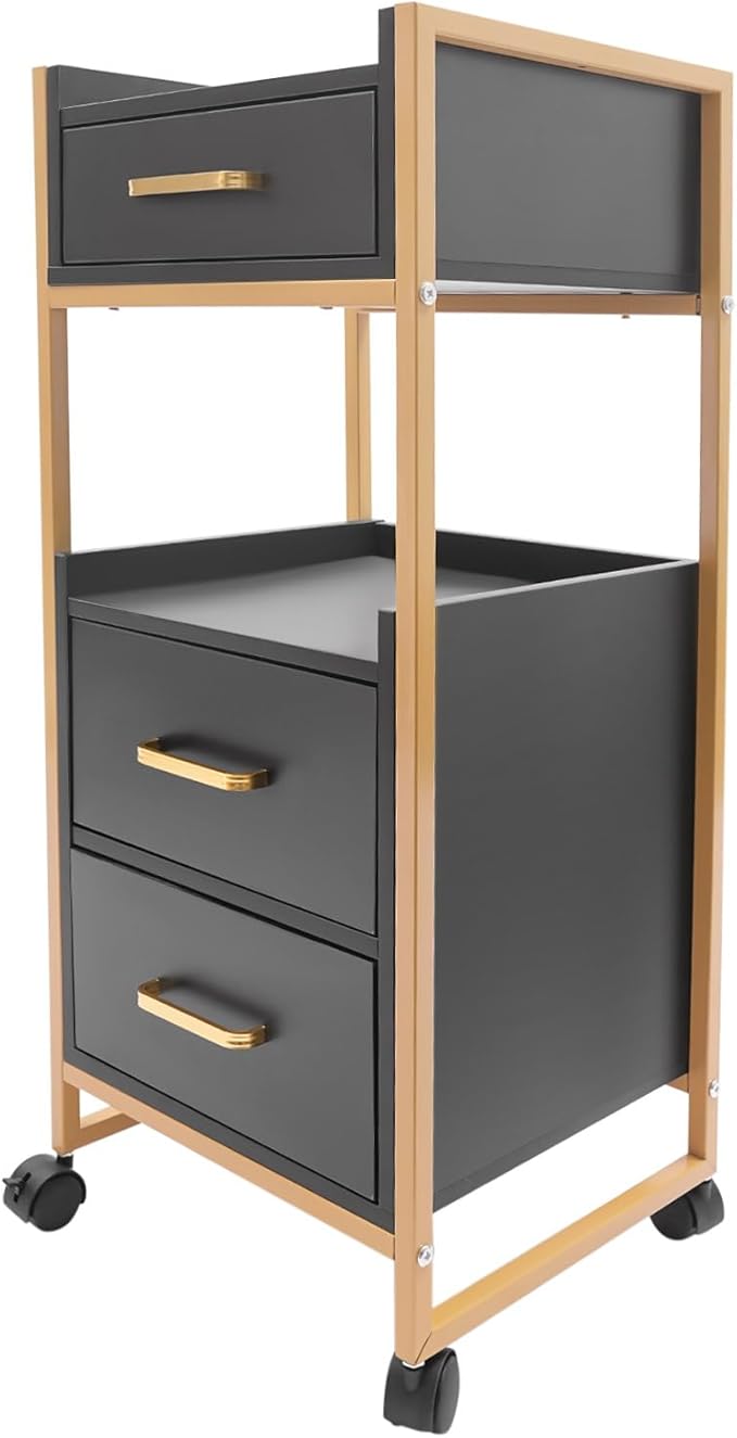 Salon Trolley with Wheels, 3 Drawers Salon Cart with Hair Dryer Holder Utility Salons Cabinet for Tools Storage at Barbershop Beauty Salons Tattoo Shop (Black)