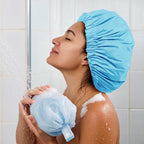 Reusable Shower Cap for Women, Large Waterproof Shower Bonnet Washable Elastic Band Bath Hair Hat for Long Hair, Braids(Lake Blue)