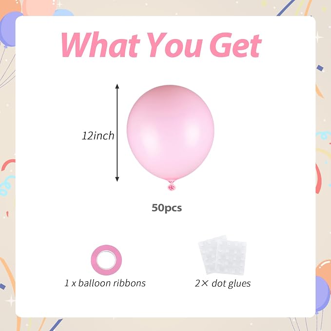 50pcs Pastel Pink Balloons, 12 Inch Light Pink Latex Balloons | - Image 2
