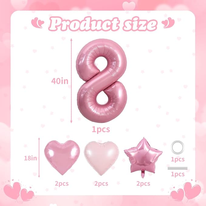 TONIFUL 8th Birthday Balloons Kit 40 Inch Pink Large Number 8 Foil Balloon | - Image 2