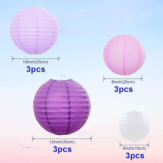 Purple Paper Lanterns 12 Pcs Assorted Size of 6" 8" 10" 12" Chinese Round Paper - Image 2