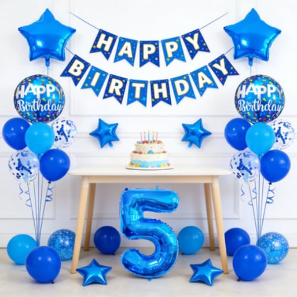 5th Birthday Large Foil Balloons Blue， Balloon Decorations - Image 3